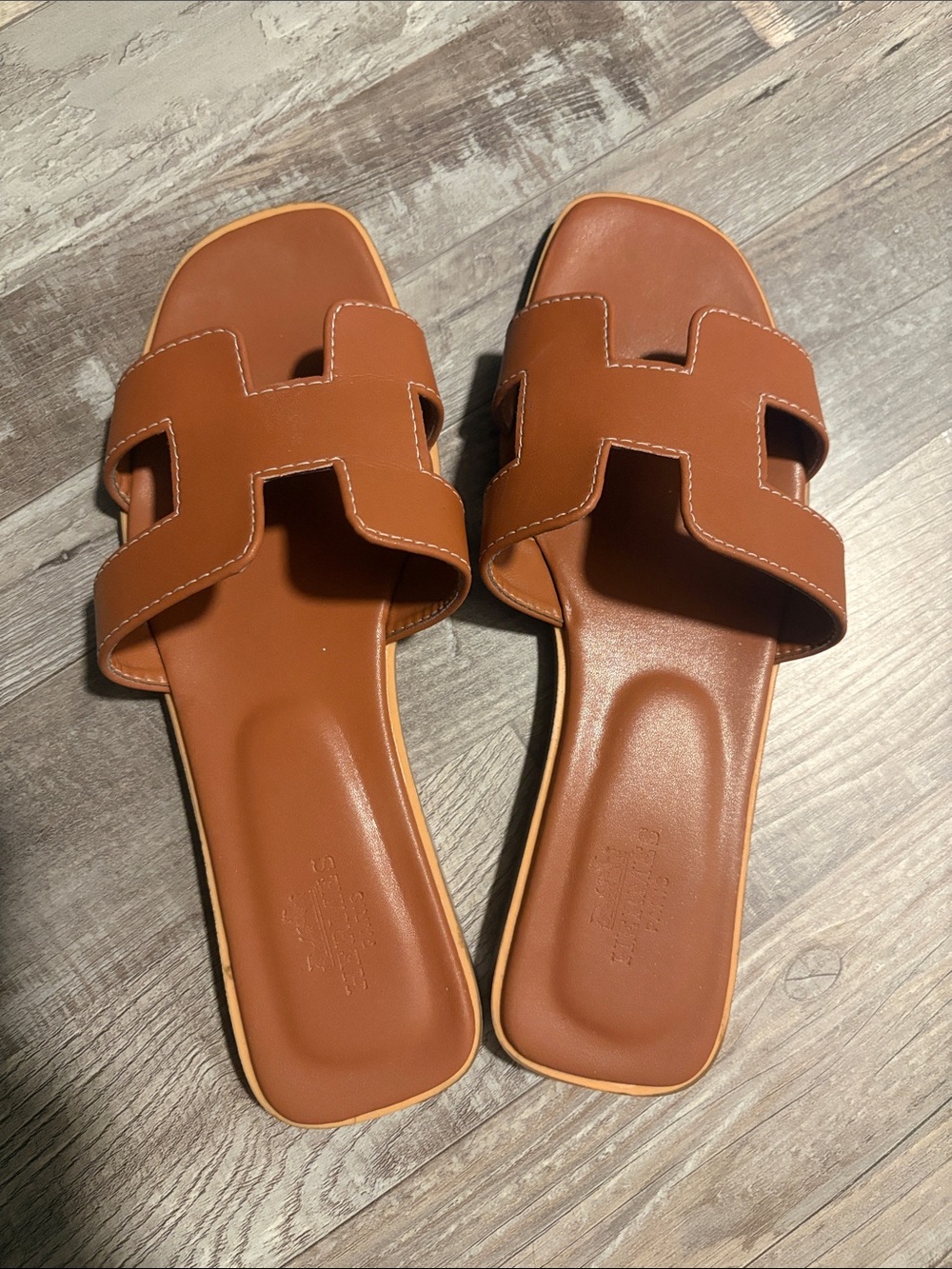 Hermes Cognac Leather Oran Slide Sandals